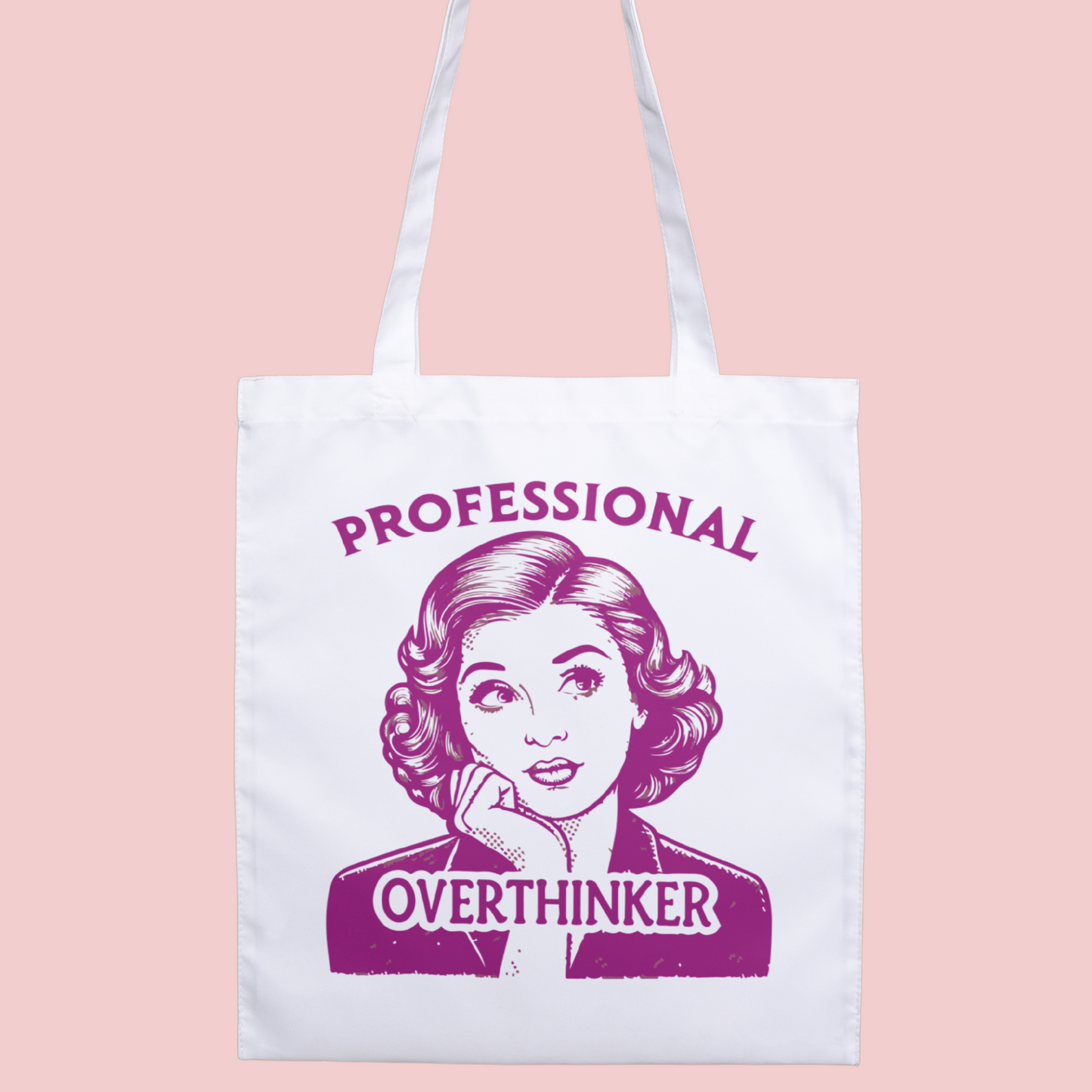 Professional Overthinker tote bag featuring a vintage-style illustrated woman character with bold typography, perfect for overthinkers, mental health awareness, and everyday use