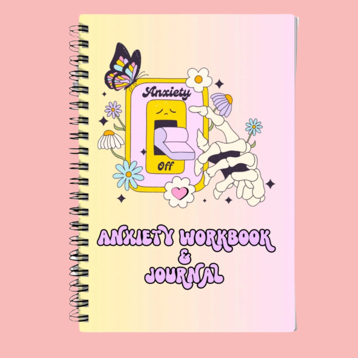 Anxiety OFF Journal and Workbook in retro style, featuring colorful design and practical exercises for managing anxiety and stress.