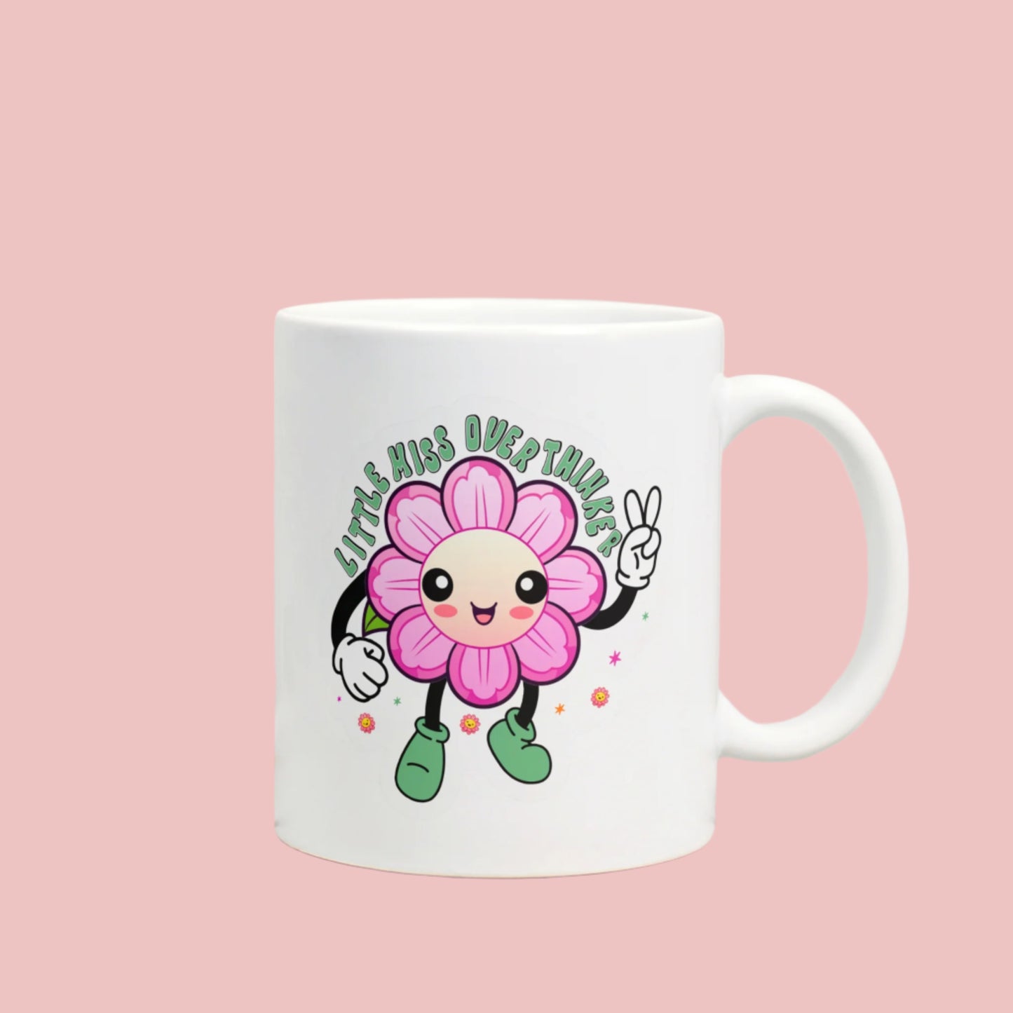 Little Miss Overthinker retro-style coffee mug featuring a cute, floral design with bold, colourful typography—perfect for overthinkers, mental health awareness, and cozy self-care moments