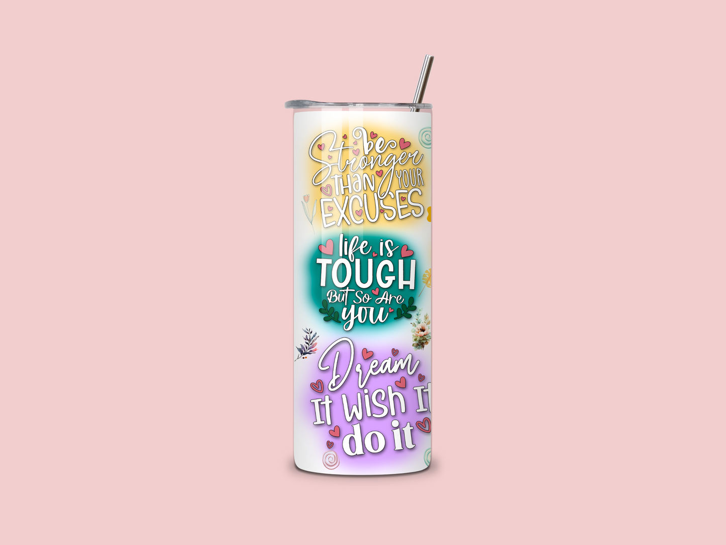 Colourful Affirmations 20oz Skinny Tumbler with bright, uplifting words and a vibrant design, perfect for daily motivation and self-care.