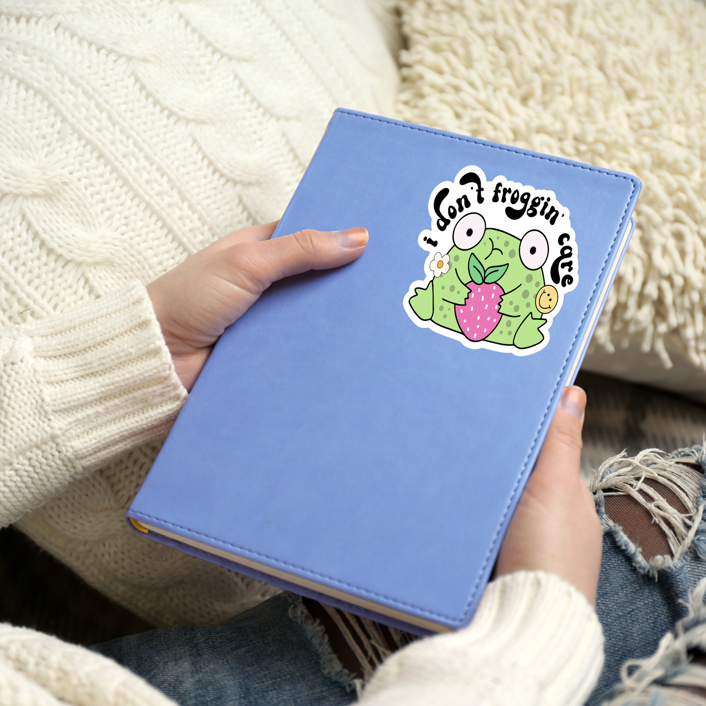 I don't froggin' care funny sarcastic groovy retro frog mental health sticker notebook mockup