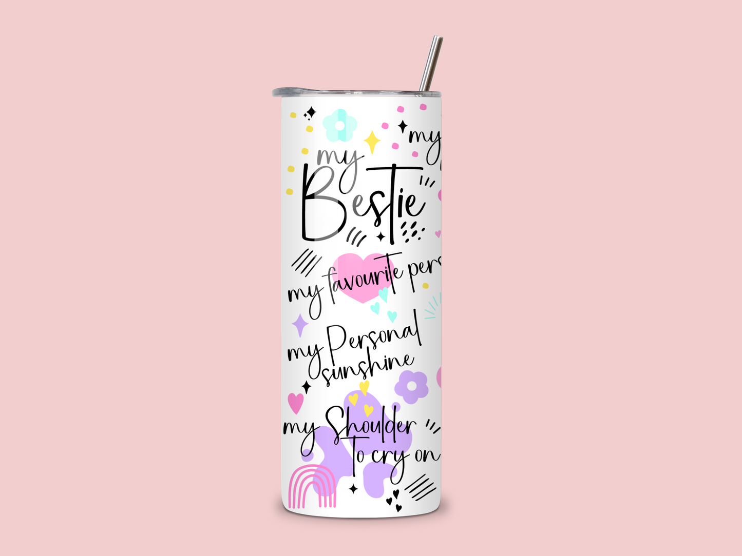 Colourful, fun 20oz skinny tumbler with ‘My Bestie’ design, perfect for friendship gifts and everyday use.