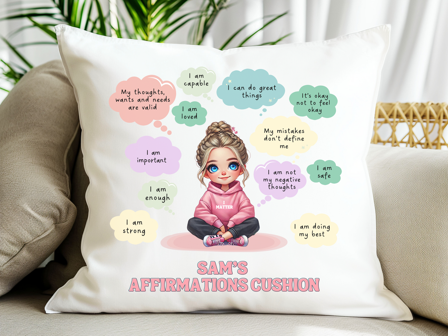 Personalised cute blonde character affirmations self-care cushion cover