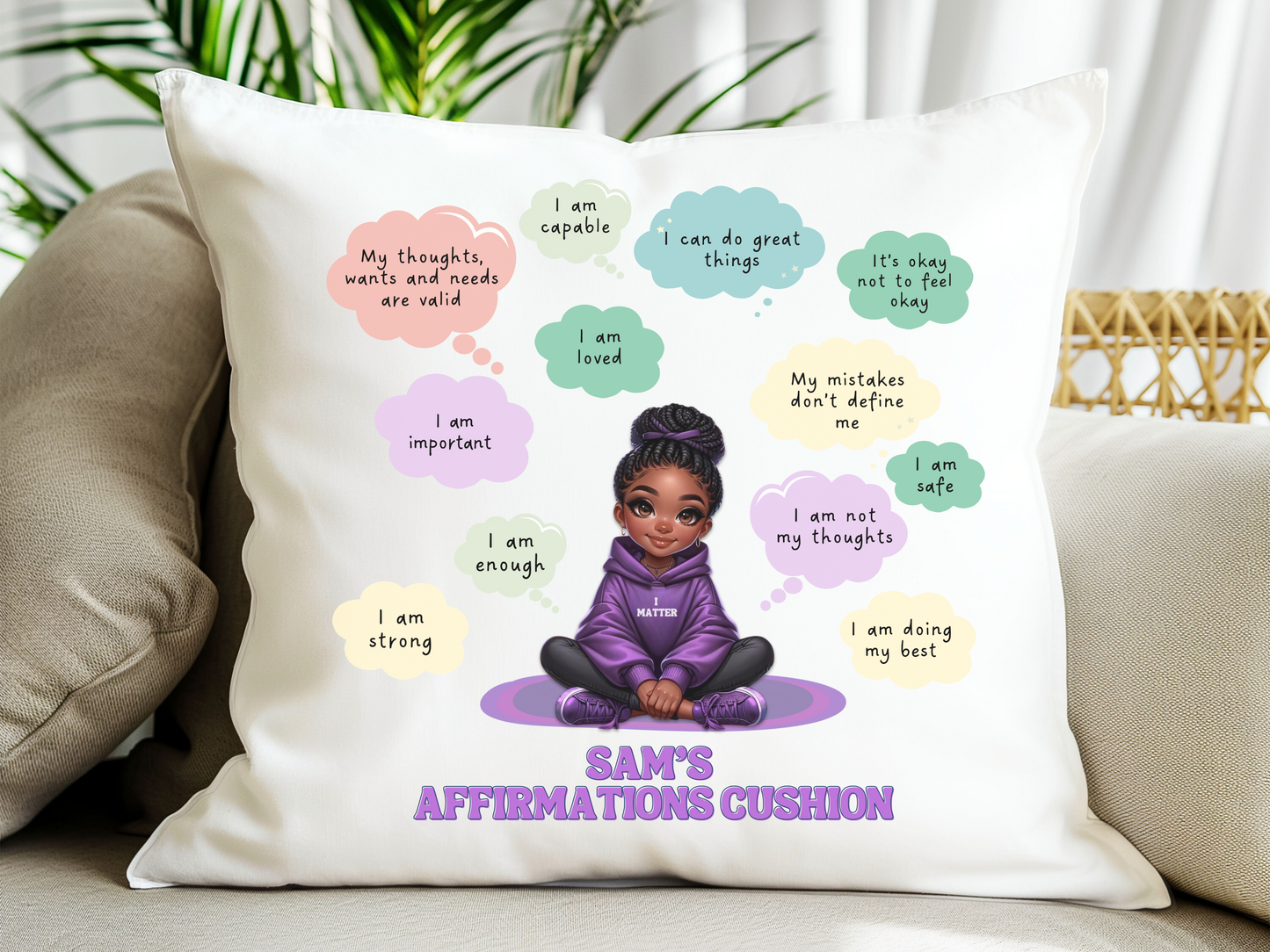 Personalised cute character affirmations self-care cushion cover purple