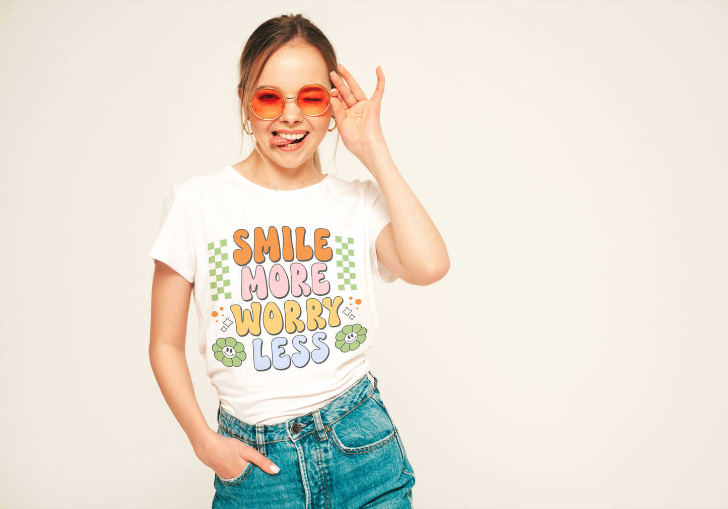 Smile More Worry Less - Retro Mental Health Inspired Crew Neck T-Shirt