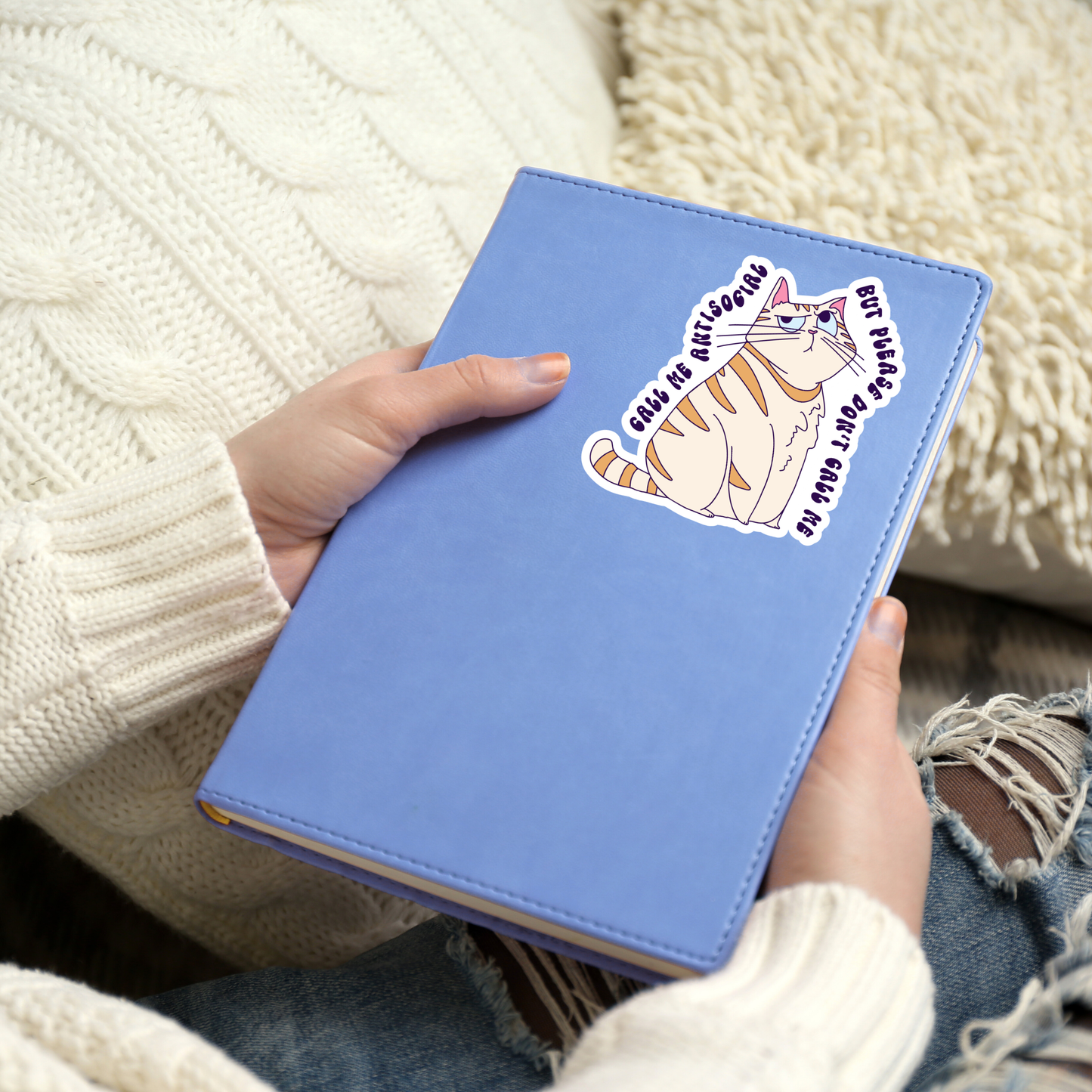 call me antisocial groovy funny cat sticker notebook mockup