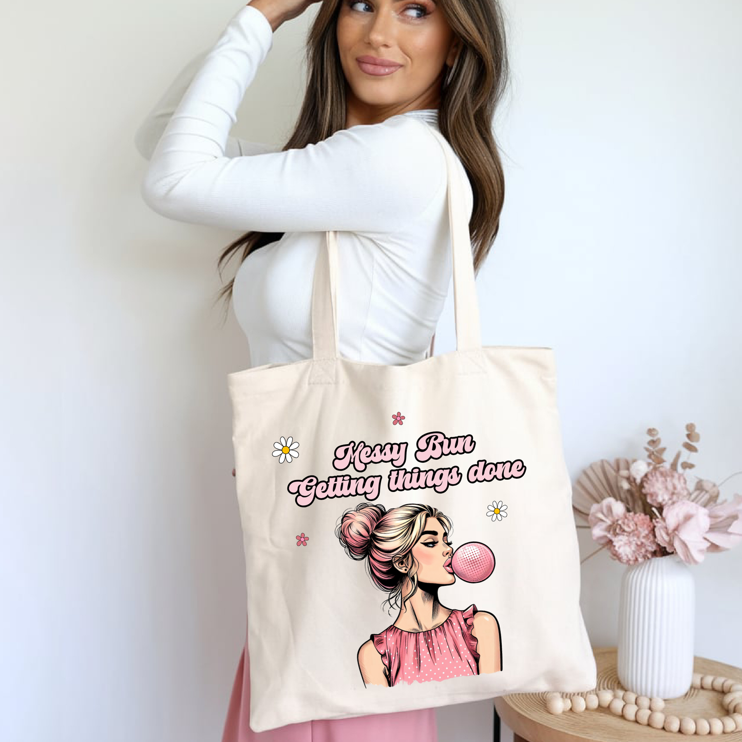 messy bun getting things done motivational tote bag with retro pop art woman character