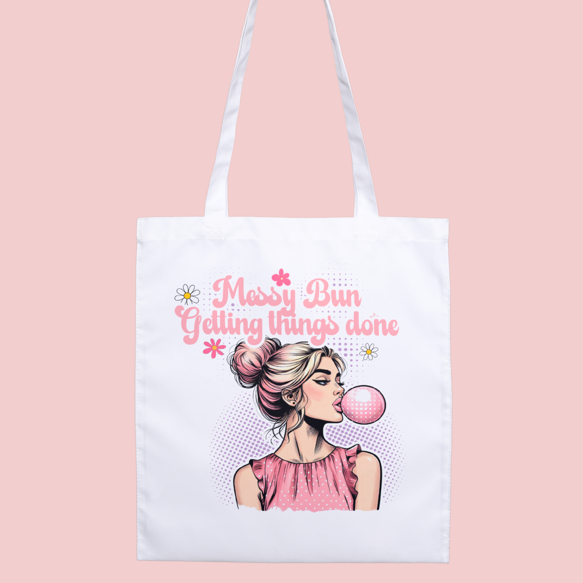 Cute pop art girl with messy bun ‘Getting Things Done’ tote bag, perfect for busy women and self-care.