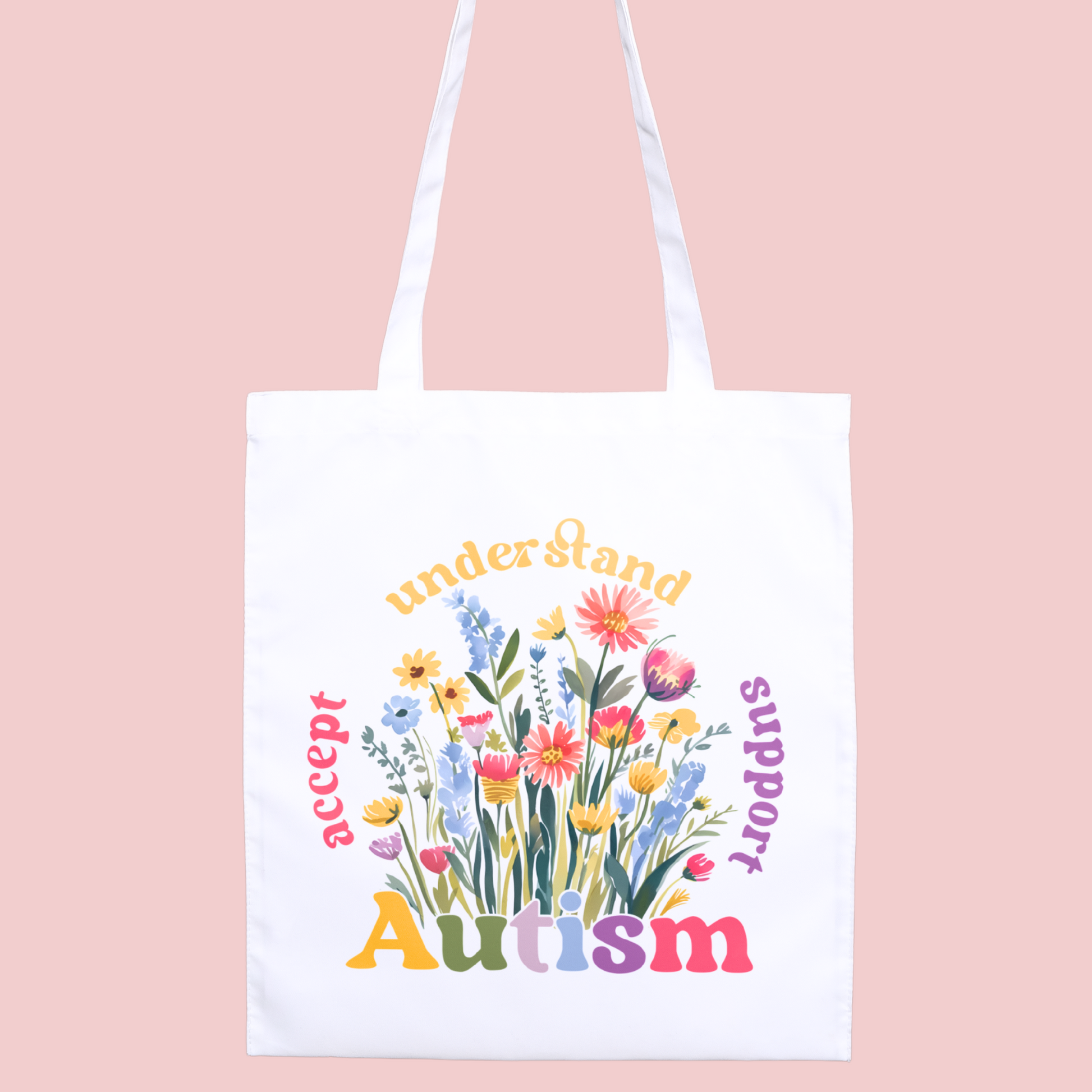 Wildflower-themed ‘Autism, Accept, Understand, Support’ tote bag, celebrating neurodivergence and inclusivity.