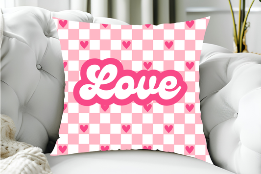 40x40cm LOVE  - Cute, Retro, Pink and White Chequered Cushion Cover