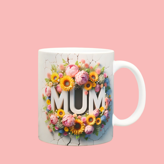 3D cracked style ‘MUM’ mug with flower detailing, a unique and thoughtful gift for mum, perfect for Mother’s Day or any special occasion.