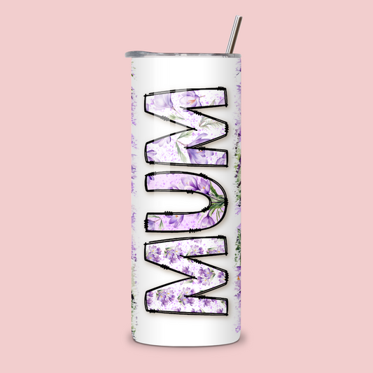 Purple floral-themed 20oz skinny tumbler, perfect for gifts for mum, featuring an insulated design to keep drinks hot or cold.