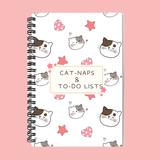 A5 Cat Naps & To-Do Lists Notebook with a kawaii cat illustration, hardback cover, spiral binding, and 100 lined pages for journaling and planning.