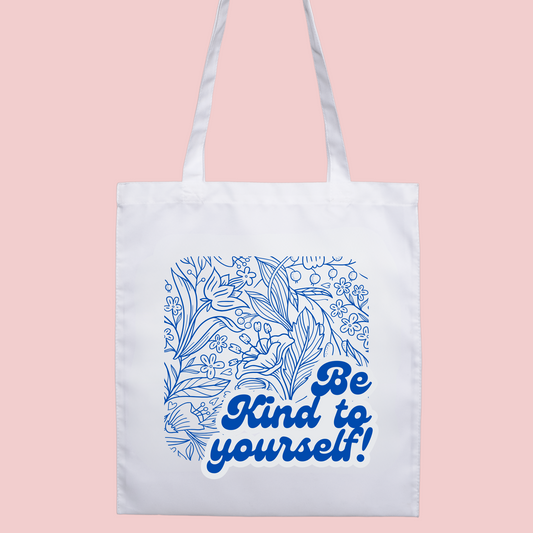 Retro floral line art ‘Be Kind to Yourself’ tote bag, perfect for mental health awareness and self-care.