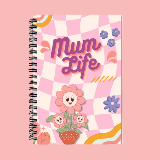 A5 Mum Life Notebook with colourful retro design, spiral bound, featuring 100 lined pages for mums to jot down plans, lists, and thoughts. Perfect for busy mums who need a practical, fun notebook for daily use.