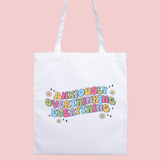 Colourful retro ‘Anxiously Overthinking Everything’ tote bag, perfect for neurodivergent individuals and anxiety warriors.