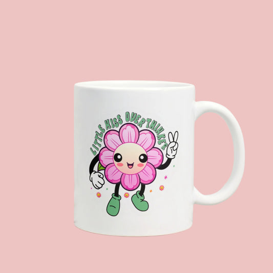 Little Miss Overthinker retro-style coffee mug featuring a cute, floral design with bold, colourful typography—perfect for overthinkers, mental health awareness, and cozy self-care moments