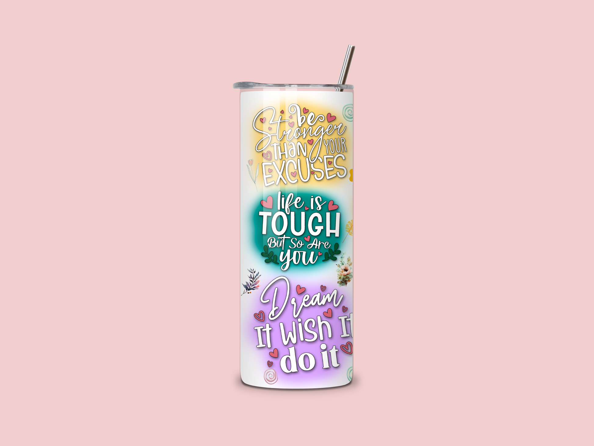 Colourful Affirmations 20oz Skinny Tumbler with bright, uplifting words and a vibrant design, perfect for daily motivation and self-care.