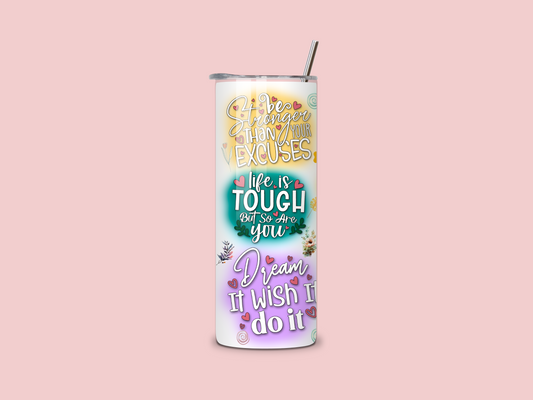 Colourful Affirmations 20oz Skinny Tumbler with bright, uplifting words and a vibrant design, perfect for daily motivation and self-care.