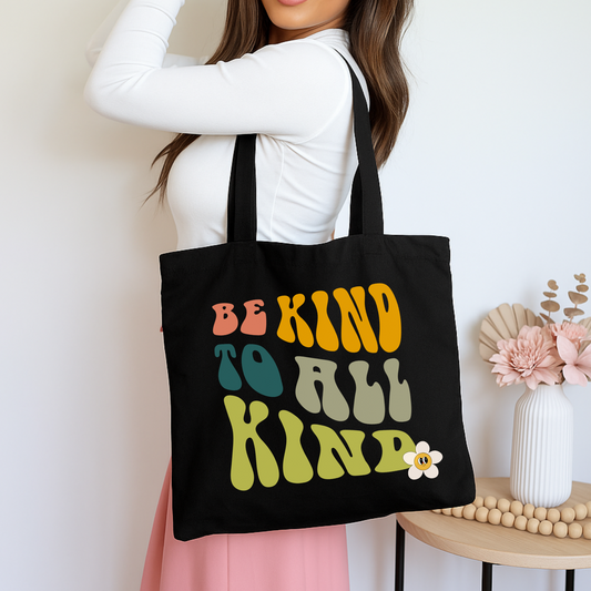 Be kind to all kind retro groovvy mental health black tote bag