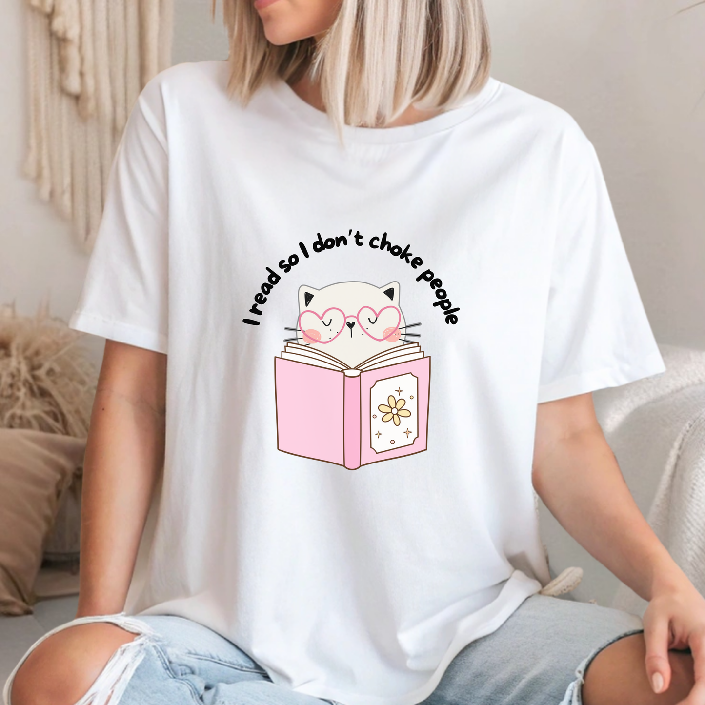 Funny kawaii cat reading book t-shirt with sarcastic quote