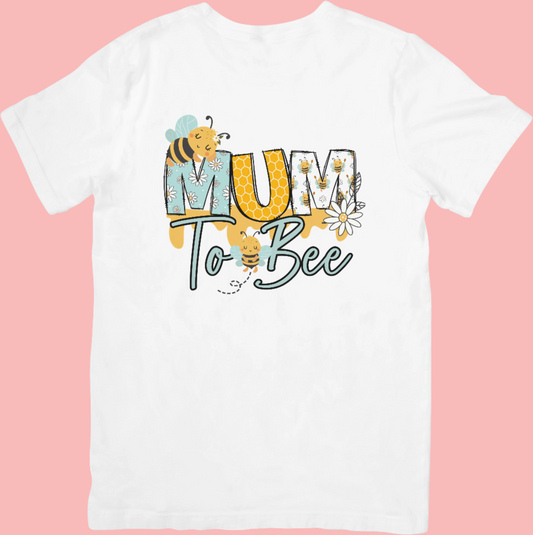 Mum to Bee crew neck t-shirt with a cute bee illustration, soft cotton fabric, and a relaxed unisex fit – perfect for expecting mothers and baby showers.