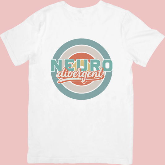 Colourful vintage-style crew neck t-shirt with the word ‘Neurodivergent,’ celebrating neurodiversity and embracing different minds.