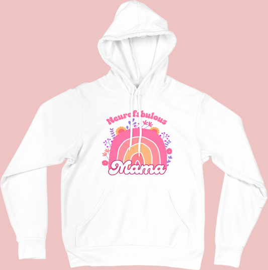Neurofabulous Mama Hoodie featuring a colorful boho rainbow illustration, designed for neurodivergent mums who embrace their uniqueness.