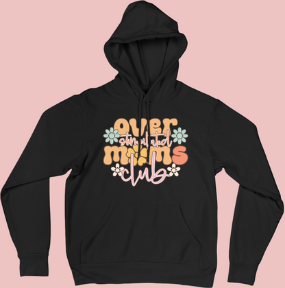 Overstimulated Mums Club Hoodie in a cozy boho style, soft and comfortable, designed for tired but thriving mums who need a little extra comfort on overstimulating days.