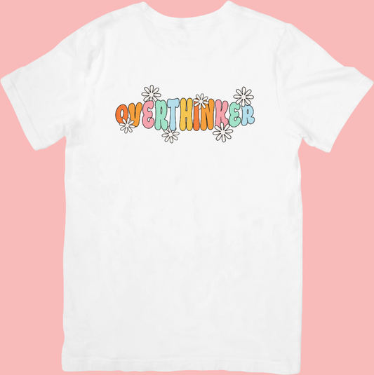 Overthinker t-shirt with a colorful retro-style design, perfect for mental health awareness and self-expression.