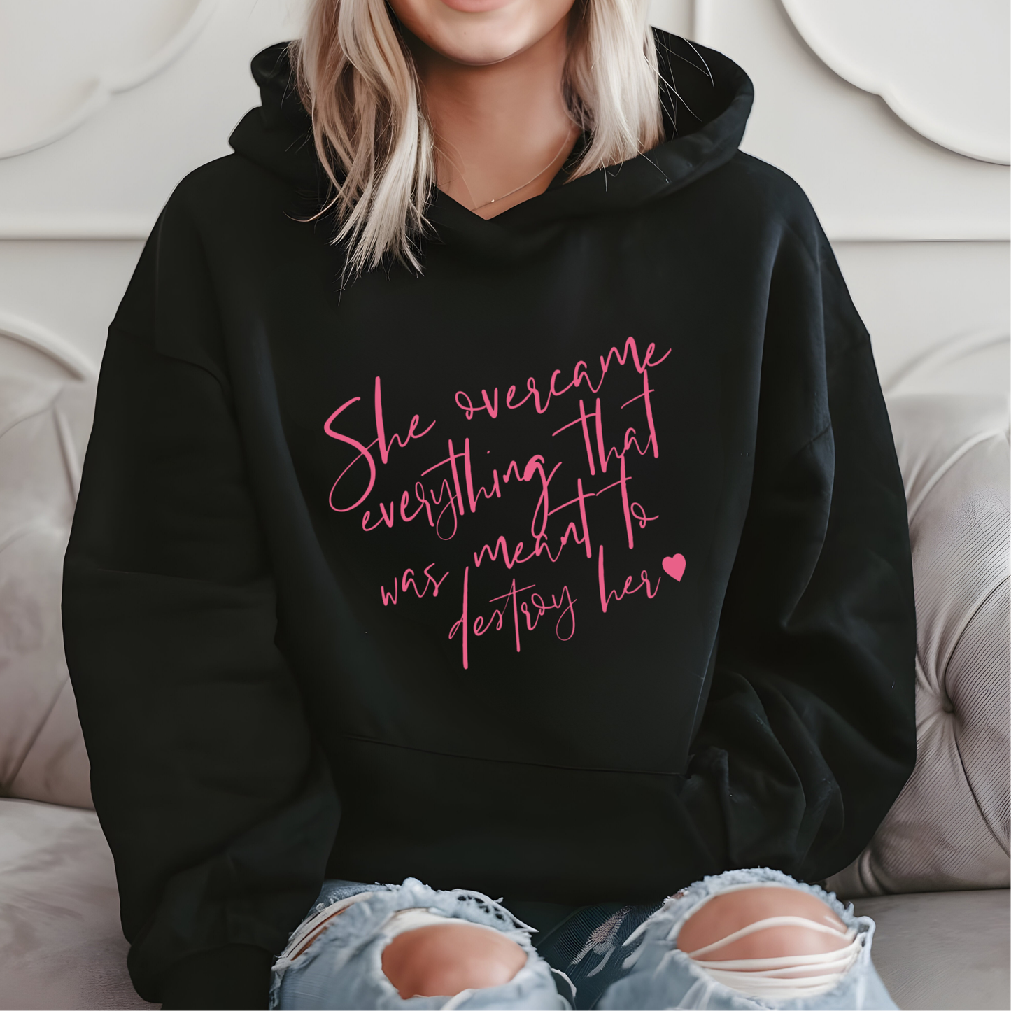 She overcame black hoodie women's mental health empowerment hoodie