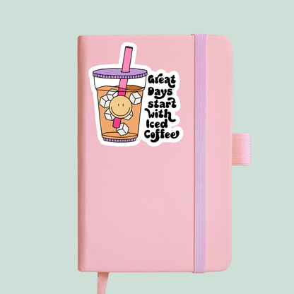 great days start with iced coffee retro coffee cup sticker notebook mockup