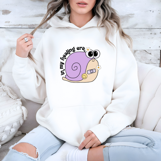 in my healing era cute retro snail mental health hoodie