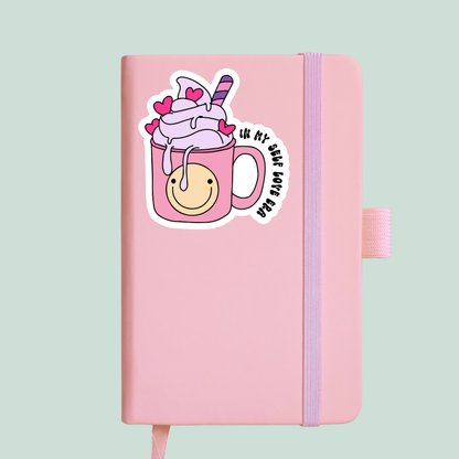 in my self love era cute coffee cup sticker notebook mockup