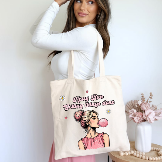 messy bun getting things done motivational tote bag with retro pop art woman character