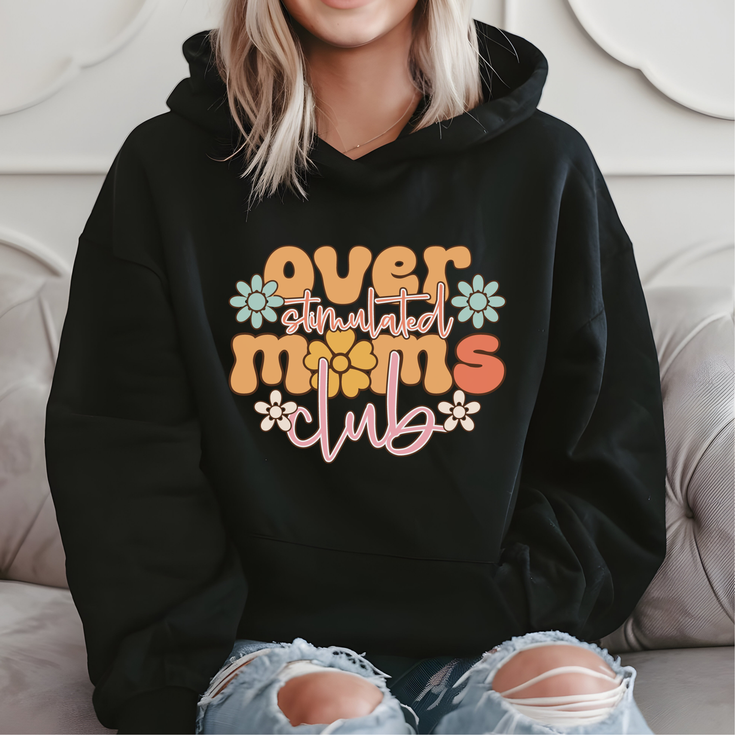 overstimulated mom's club colourful retro hoodie for mums